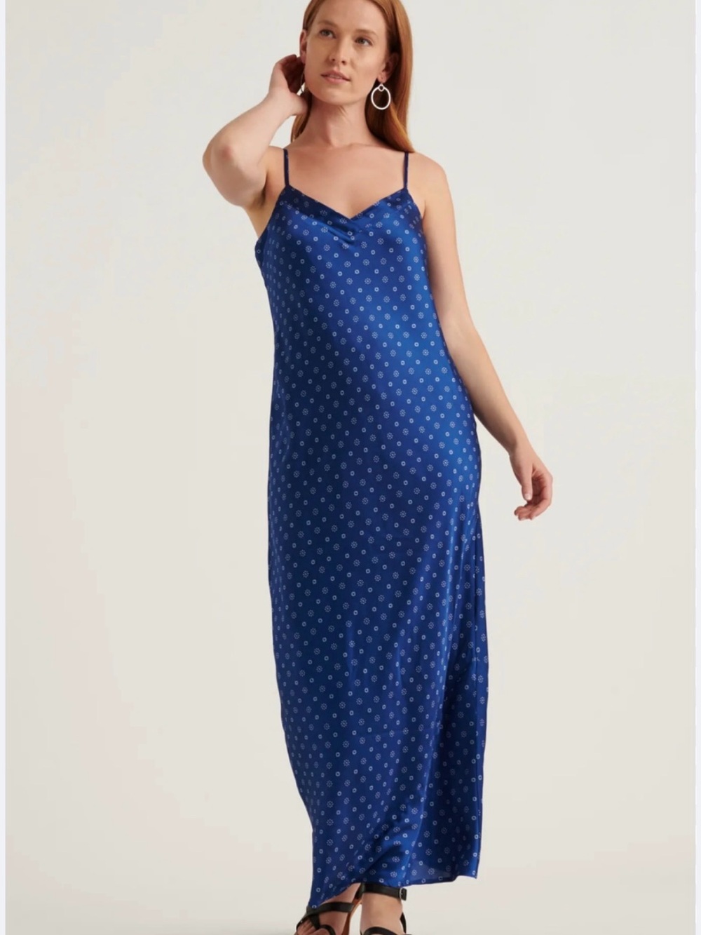 Lucky Brand Blue Polka Dot Satin Slip Maxi Dress